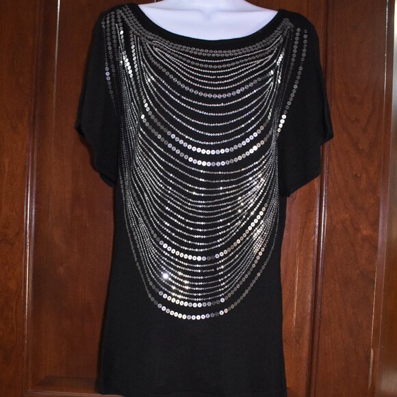 Cache Black Sequin Blouse Size M Embellished Sparkle Top Party Evening Glam - Picture 9 of 16